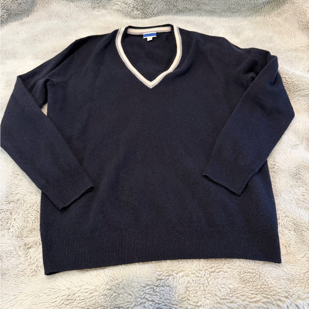 J. Crew Navy V-Neck Sweater with Cream Trim